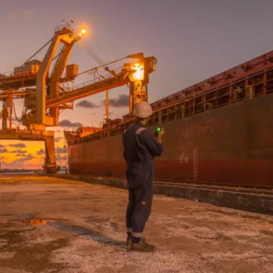 Port worker with radio beside a moored cargo ship and loading crane at dusk