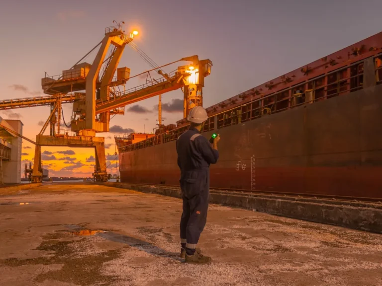 Port worker with radio beside a moored cargo ship and loading crane at dusk