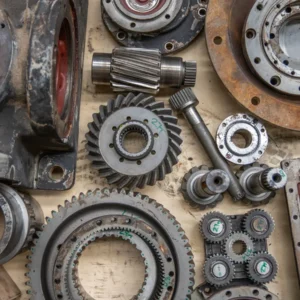 Industrial gearbox spare parts including gears, shafts and bearings on a workbench