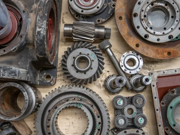 Industrial gearbox spare parts including gears, shafts and bearings on a workbench